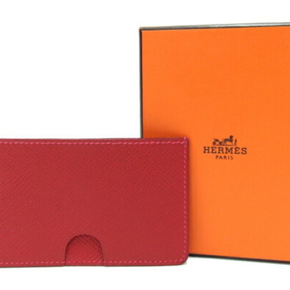 Hermes Card Case Polcour Rouge Leather Pass Holder Red Women's HERMES